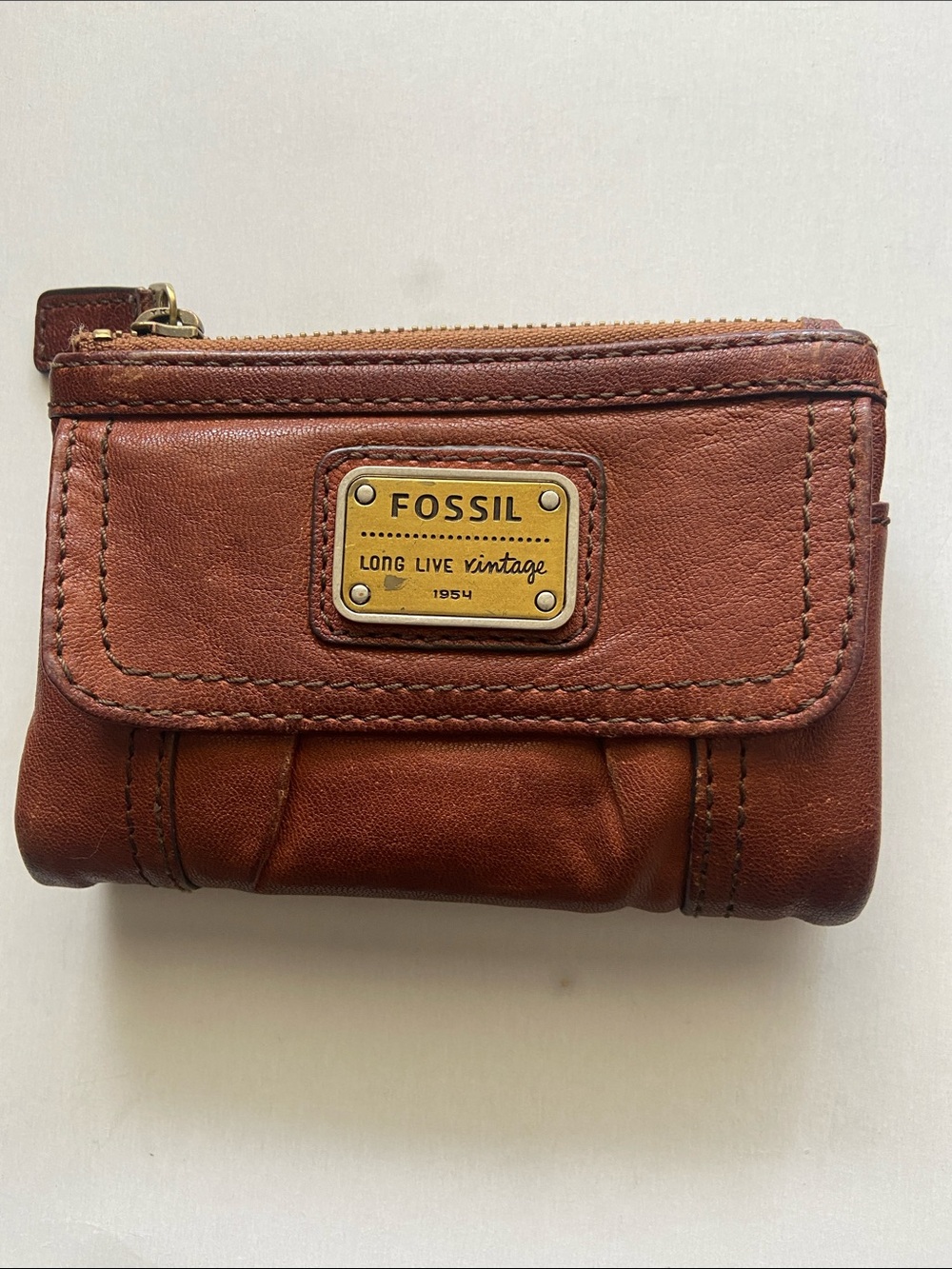 Fossil Brown Leather Compact Zip Wallet with Brass Plate 5 x 4.5”